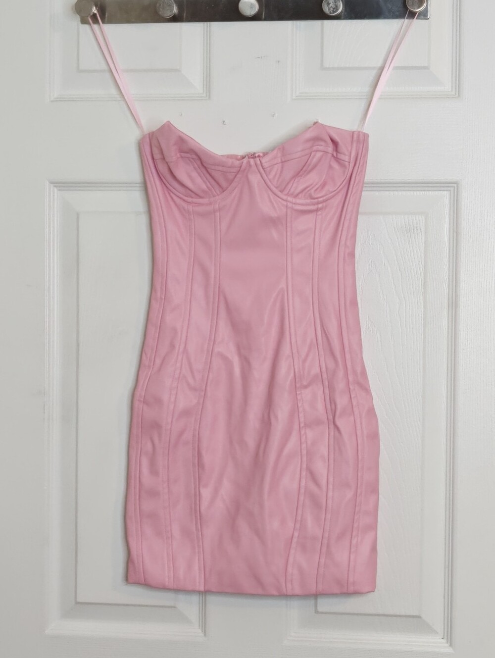 Fashion Nova Pink PU Faux Leather Strapless Corset Mini Dress Size XS Fits XXS